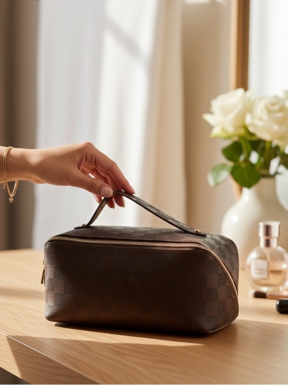 Elegant Brown Checkered Women's Cosmetic Travel Pouch with Top Handle